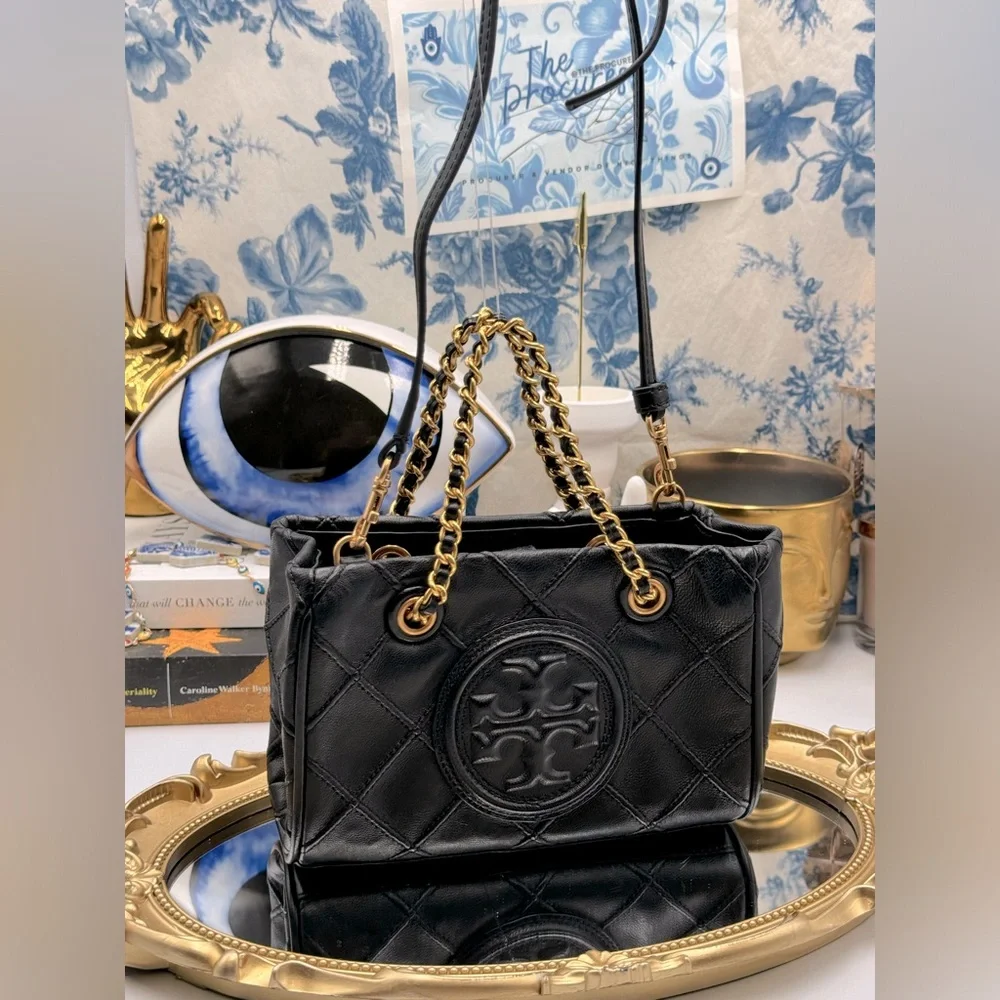 🆕 TORY BURCH 🧿 NWT Mini Fleming Soft Chain Tote - Black Leather -AUTHENTICATED